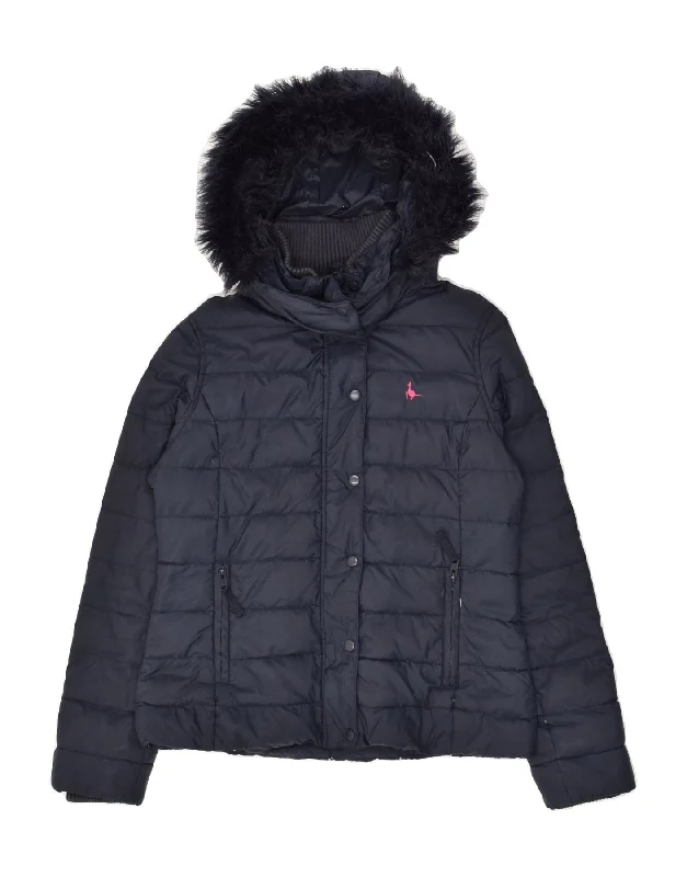 JACK WILLS Womens Hooded Padded Jacket UK 12 Medium Navy Blue Acrylic