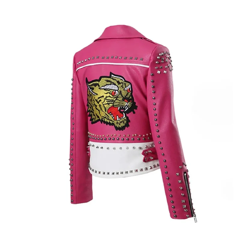 Pink White Leopard Studded Biker Leather Jacket