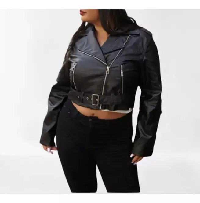 Women Black Leather Cropped Biker Jacket With Fringed Back