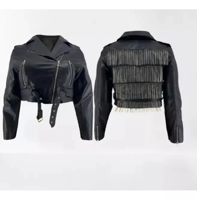 Women Black Leather Cropped Biker Jacket With Fringed Back