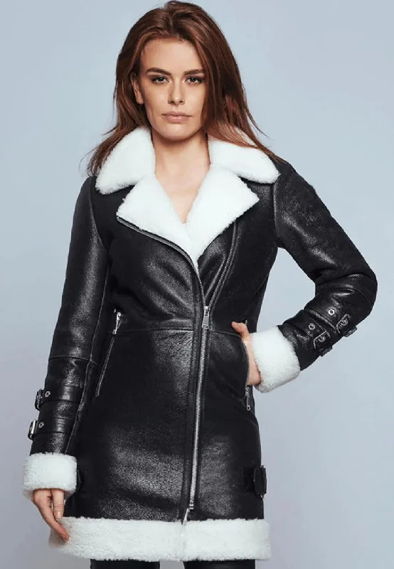 Women’s Black Leather White Shearling Long Coat