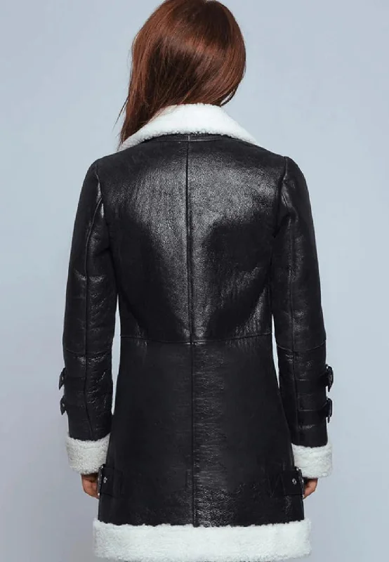 Women’s Black Leather White Shearling Long Coat