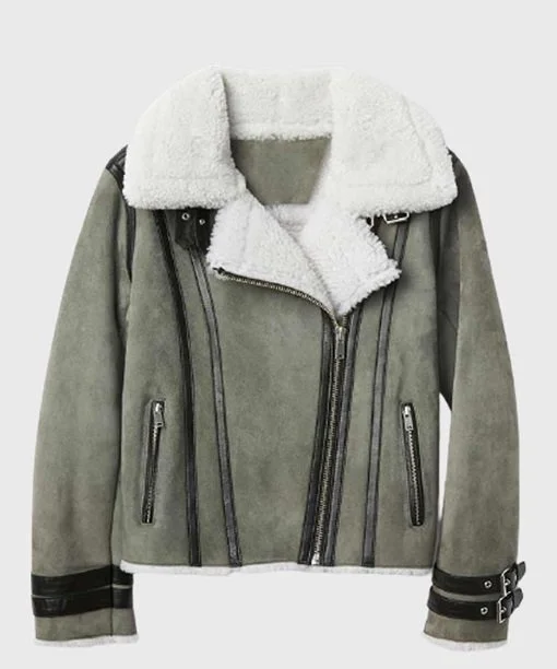 Women Soft Shearling Fur Collar Grey Leather Jacket