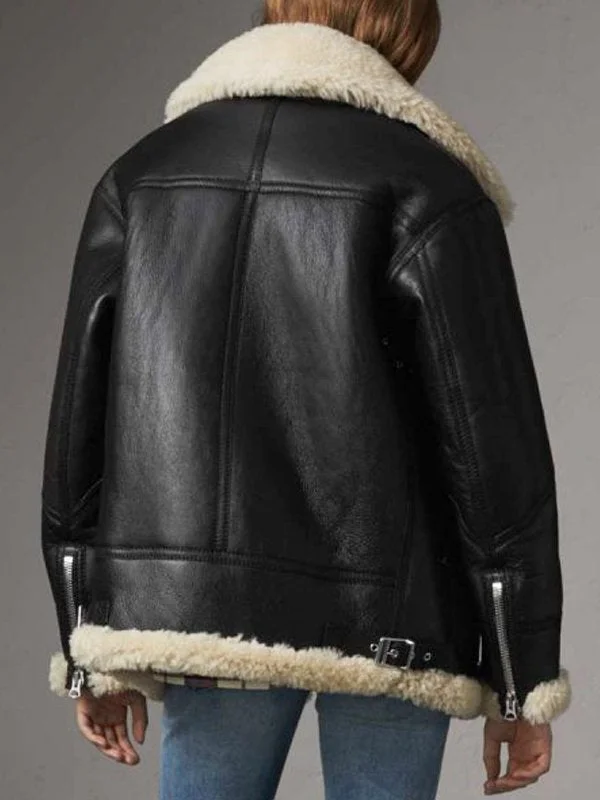 Women’s Aviator Ivory Shearling Black Leather Jacket