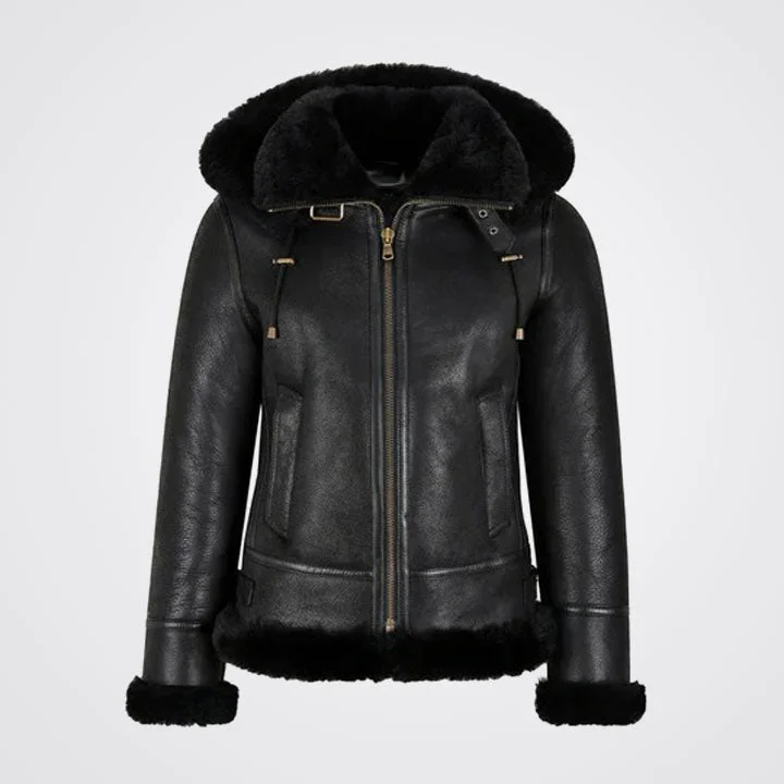 Women's B3 Bomber Hooded Black Shearling Jacket