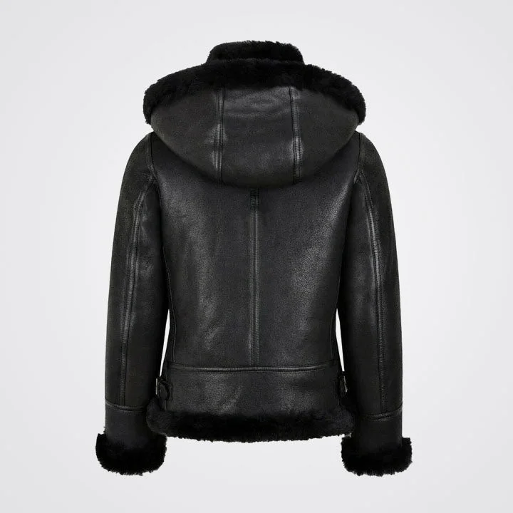 Women's B3 Bomber Hooded Black Shearling Jacket