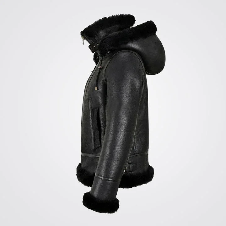 Women's B3 Bomber Hooded Black Shearling Jacket