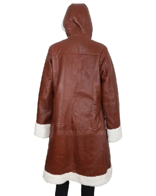 Women’s Brown Leather Shearling Hooded Coat