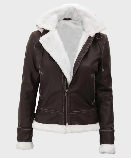 Womens Dark Brown Shearling Jacket with hood