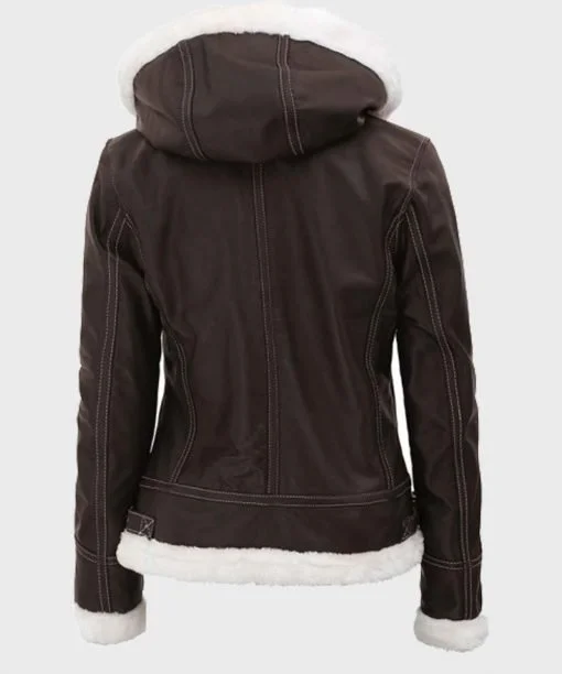 Womens Dark Brown Shearling Jacket with hood