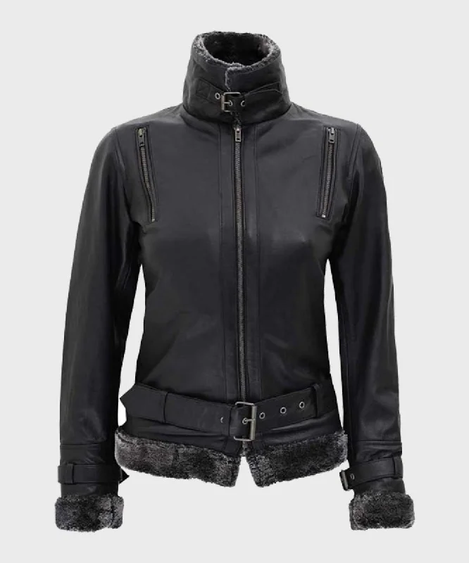 Womens Designer Soft Shearling Black Leather Jacket