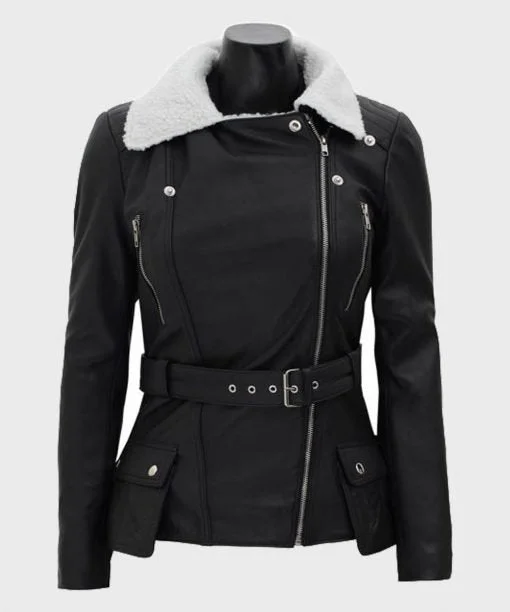 Womens Shearling Leather Black Belted Biker Jacket