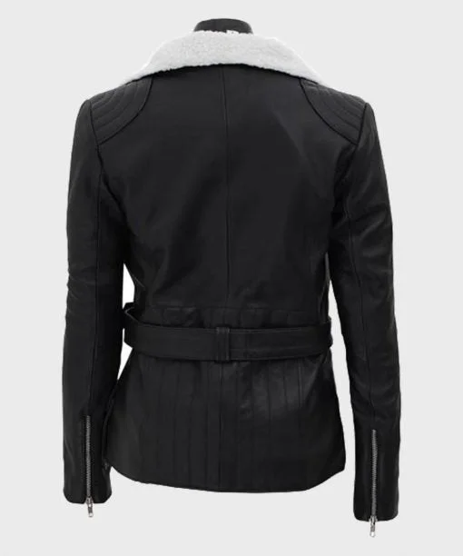 Womens Shearling Leather Black Belted Biker Jacket