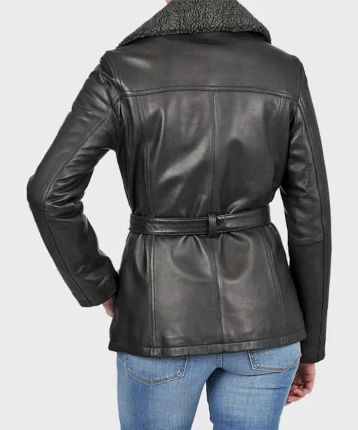 Womens Shearling Leather Black Belted Jacket