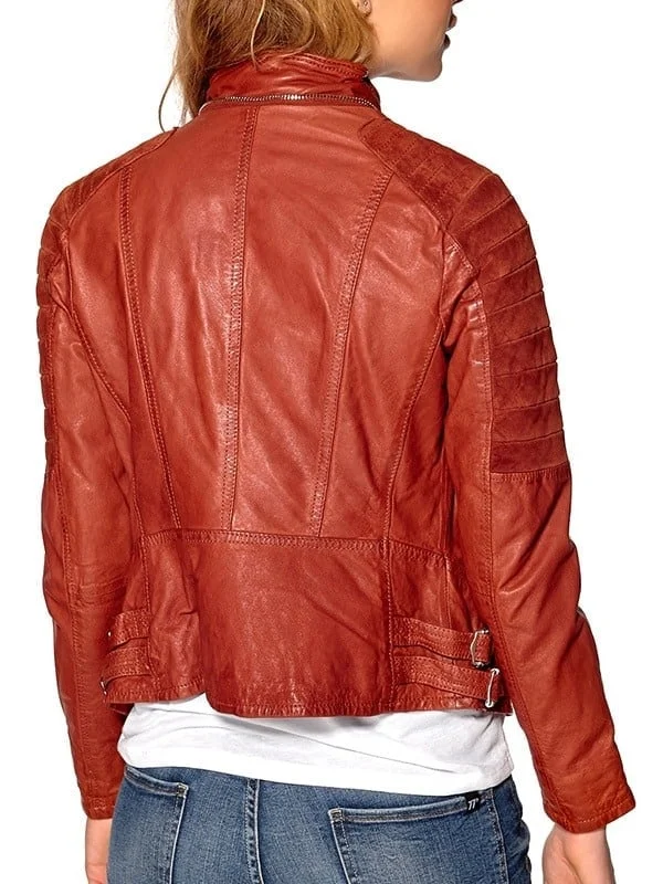 Womens Slim Fit Waxed Leather Jacket Tan Brown Orange