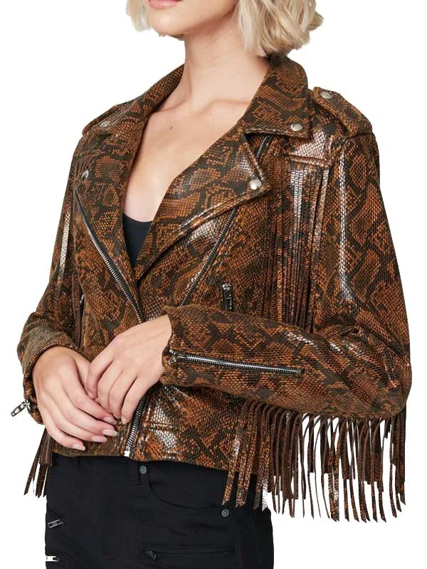 Womens Snake Skin Fringe Leather Jacket