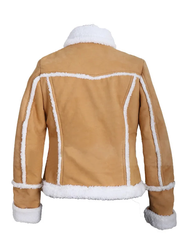 Women’s Tan Shearling Trim Suede Leather Jacket