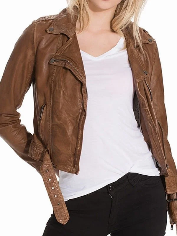 Womens Vintage Style Leather Motorcycle Jacket Tan Brown