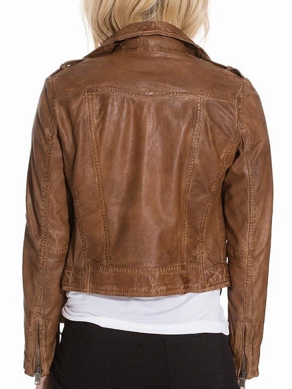 Womens Vintage Style Leather Motorcycle Jacket Tan Brown