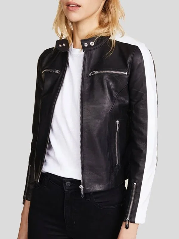 Womens Zipper Pockets Black Leather Jacket