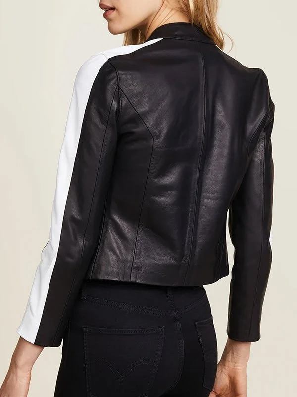 Womens Zipper Pockets Black Leather Jacket