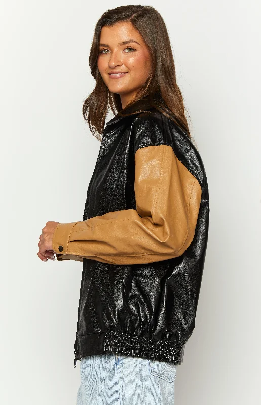 Abbi PU Black And Brown Contrast Bomber Jacket