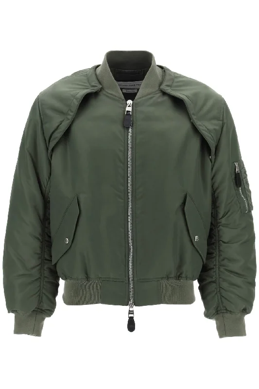 Alexander mcqueen convertible bomber jacket in nylon satin 771141 QRAAK KHAKI GREEN