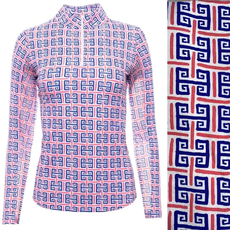 Ibkul Orange Blue and White Key Pattern Print Mock Neck Sun Shirt Size XXL MSP$100