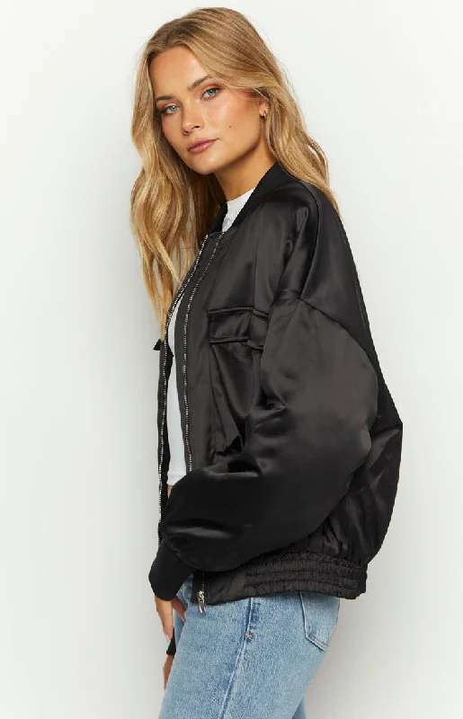 Keziah Black Satin Bomber Jacket