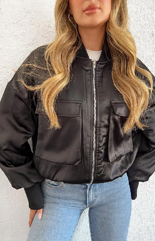 Keziah Black Satin Bomber Jacket