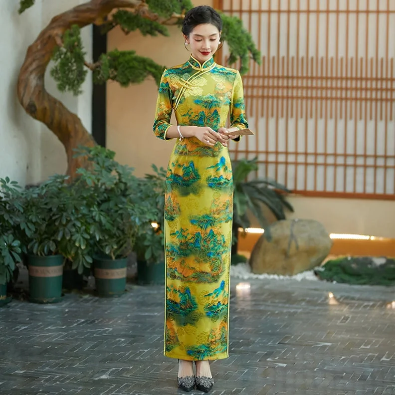 3/4 Sleeve Full Length Traditional Cheongsam Floral Chinese Dress