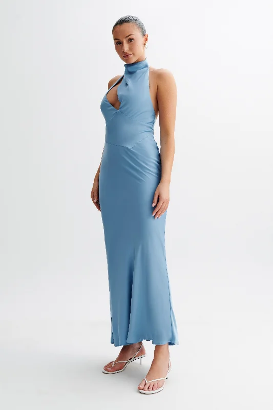 Belladonna Satin Halter Maxi Dress - Iris Blue