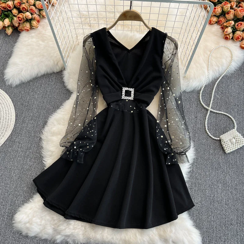 Black V Neck Short Dress A Line Fashion Dress  10832