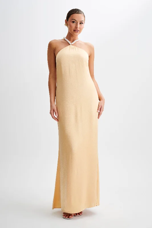 Blanche Satin Pearl Halter Maxi Dress - Peach