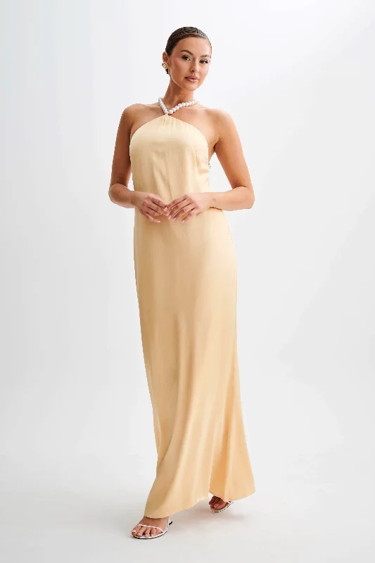 Blanche Satin Pearl Halter Maxi Dress - Peach