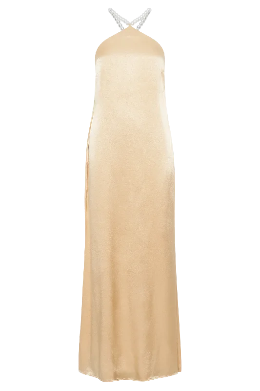 Blanche Satin Pearl Halter Maxi Dress - Peach