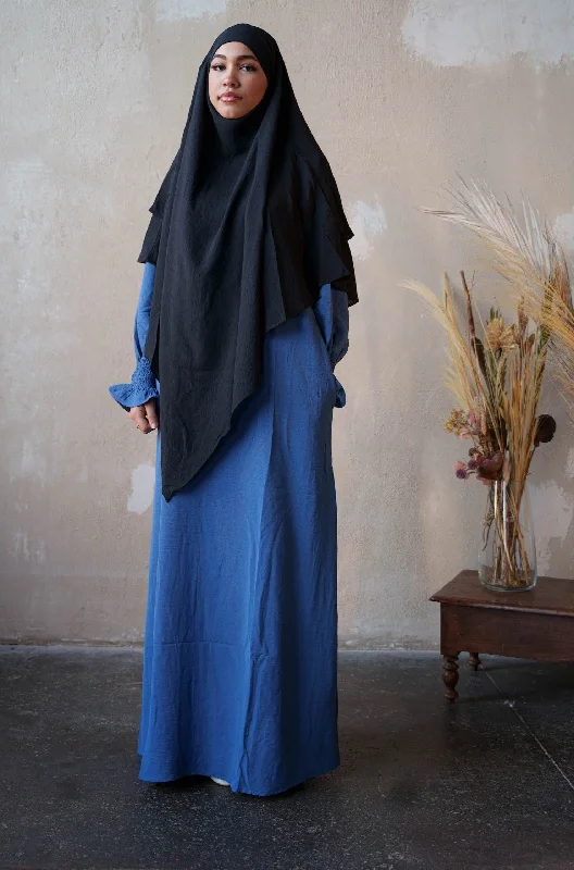 Blue Ruched Cuff Bell Sleeves Abaya Maxi Dress