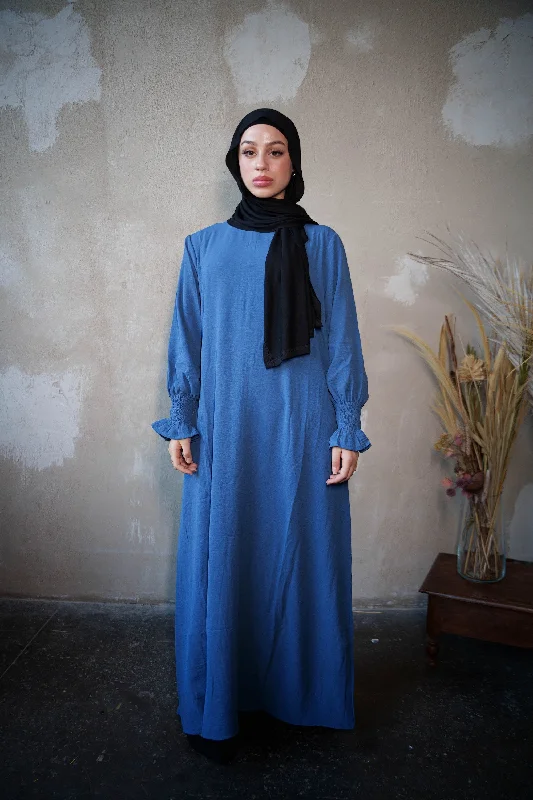 Blue Ruched Cuff Bell Sleeves Abaya Maxi Dress