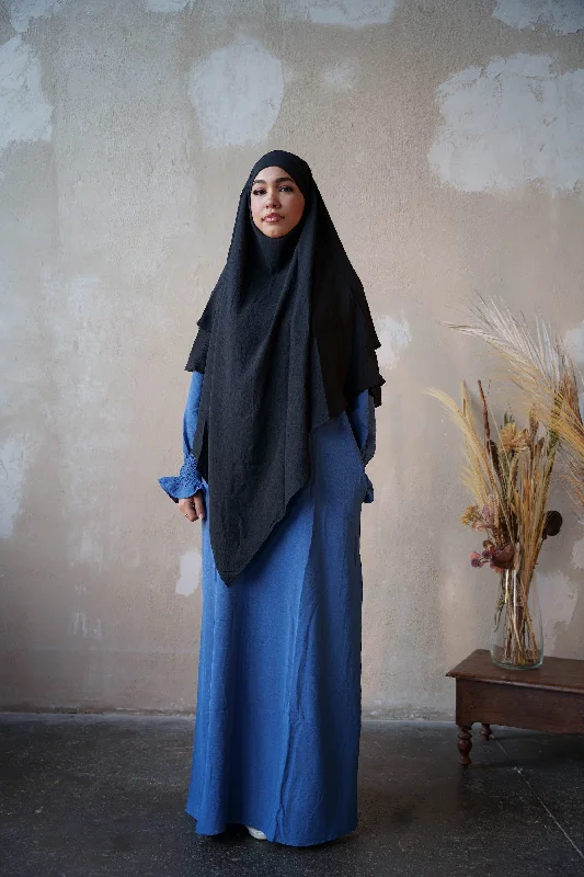 Blue Ruched Cuff Bell Sleeves Abaya Maxi Dress