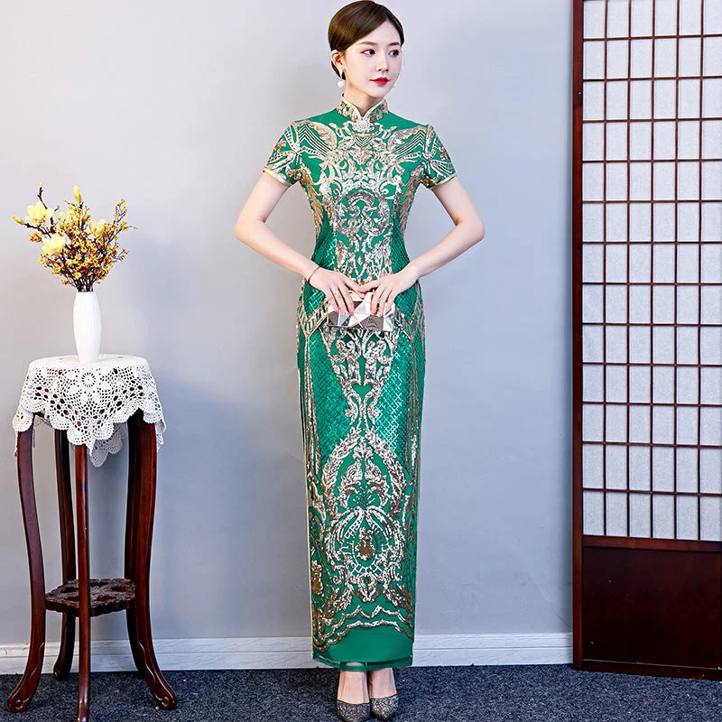 Cap Sleeve Floral Sequins Full Length Cheongsam Chinese Dress Evening Gown