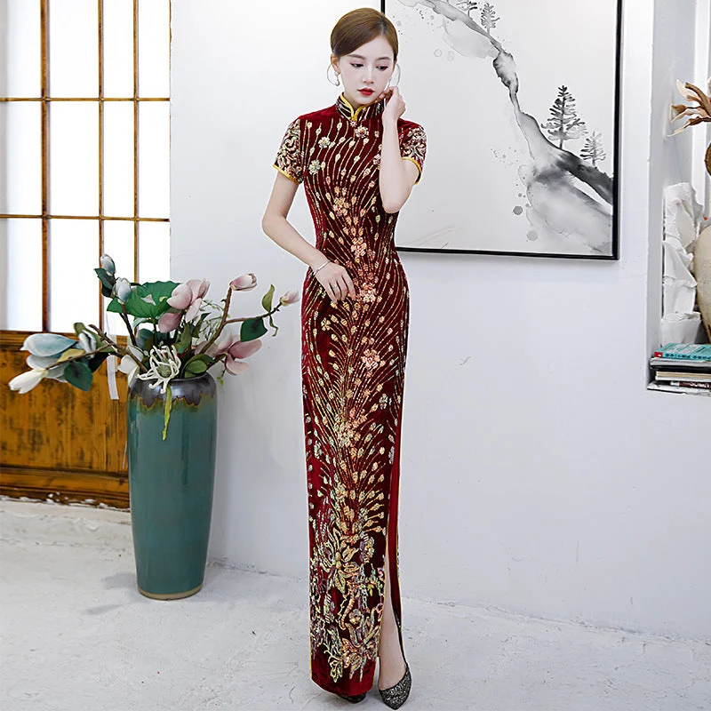 Cap Sleeve Floral Sequins Full Length Cheongsam Mermaid Chinese Dress