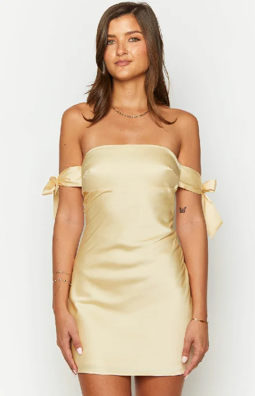 Fleur Yellow Satin Bow Off Shoulder Mini Dress