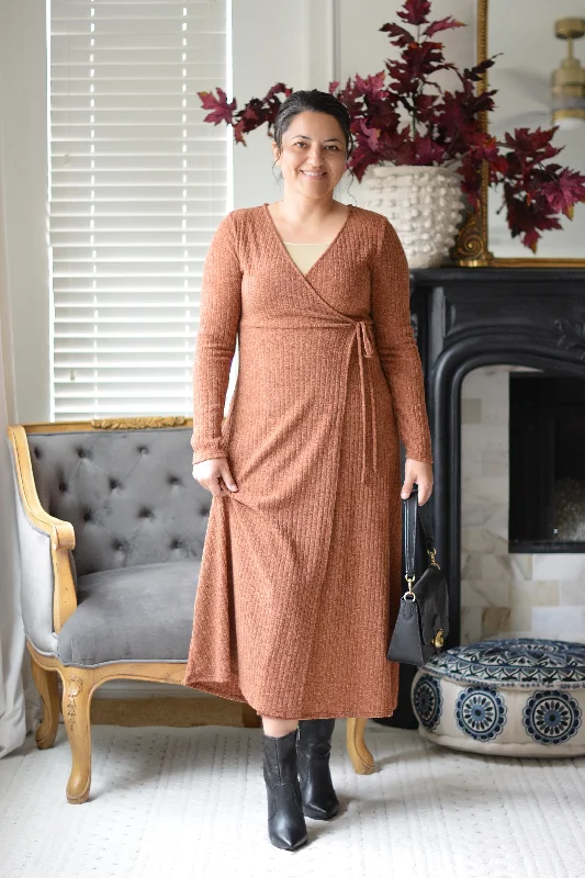 Gissi Rust Ribbed Wrap Dress