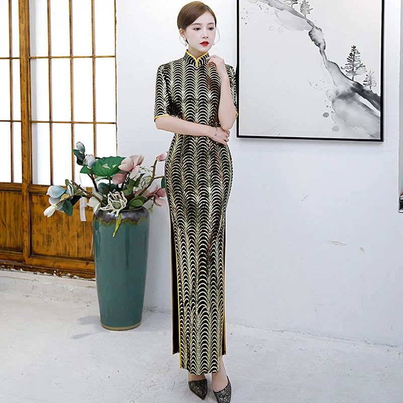 Half Sleeve Full Length Cheongsam Mermaid Chinese Dress Full of Sequins