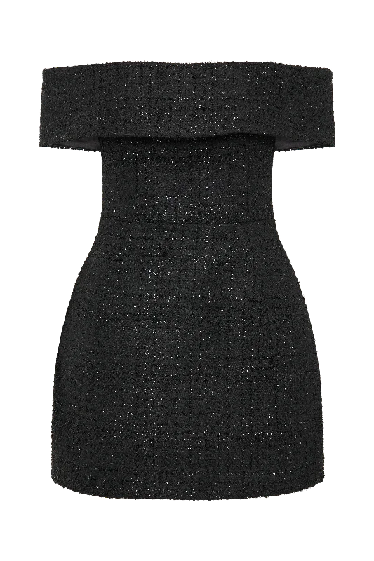 Helena Tweed Off Shoulder Mini Dress - Black