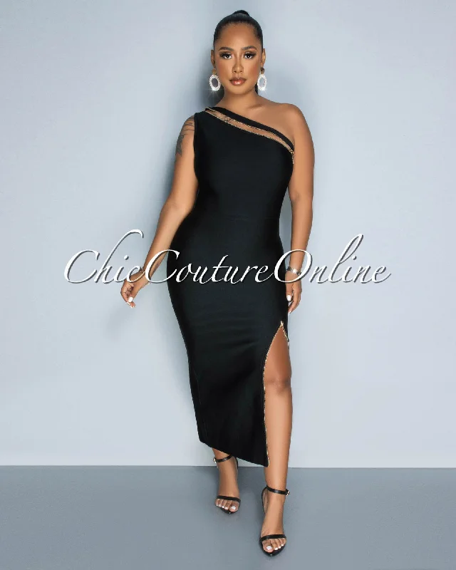 Kyles Black Gold Zipper Accent Bandage Midi Dress