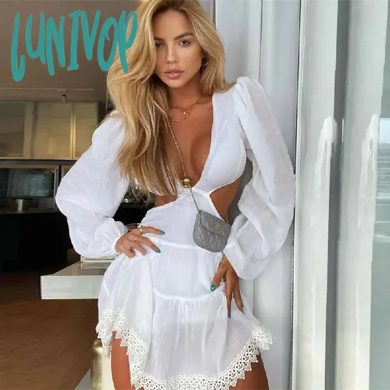 Lunivop Elegant Solid Summer Dresses For Women Sexy V-neck One Piece Dress Long Sleeve Vestidos Cortos Chic Bodycon Female Clothing