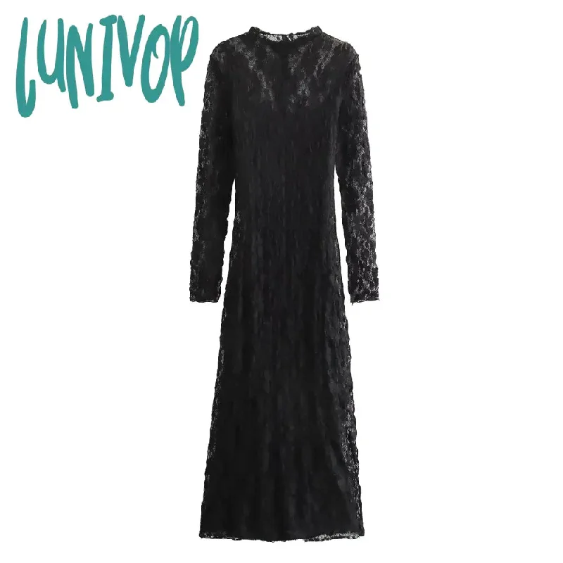 Lunivop Lace Jacquard See Through Long Dresses For Women Elegant Sexy O-neck Long Sleeve Midi Dress Female Simple Fashion Party Vestidos