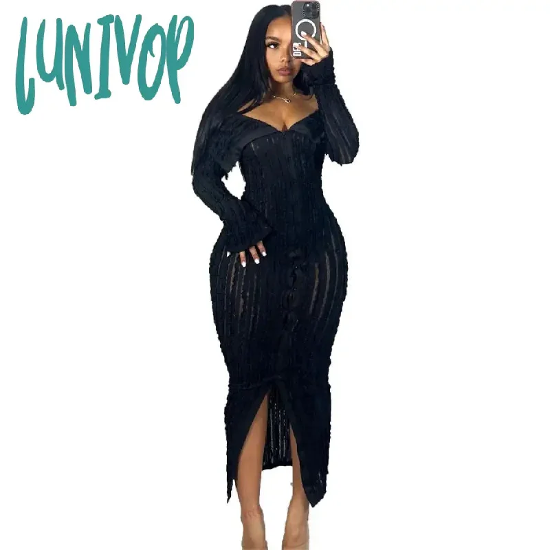 Lunivop Lace Ruffle Women Sexy Bodycon Maxi Dress Slash Neck Off Shoulder Long Sleeve Single Breasted Slim Club Party Dresses Streetwear