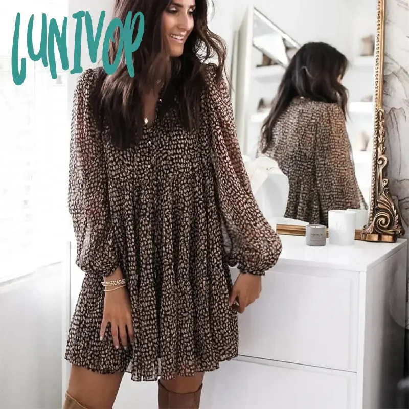 Lunivop Lantern Sleeve Dot Print Ruffles Women Dress Casual V-neck Long Sleeve Button Mini Dress Ladies Elegant Party Dress Vestido